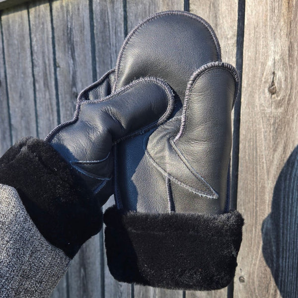Infinity Mitaines en Peau de Mouton 100% Epaisse Noire Unisexe Avec Fourrure Noire S