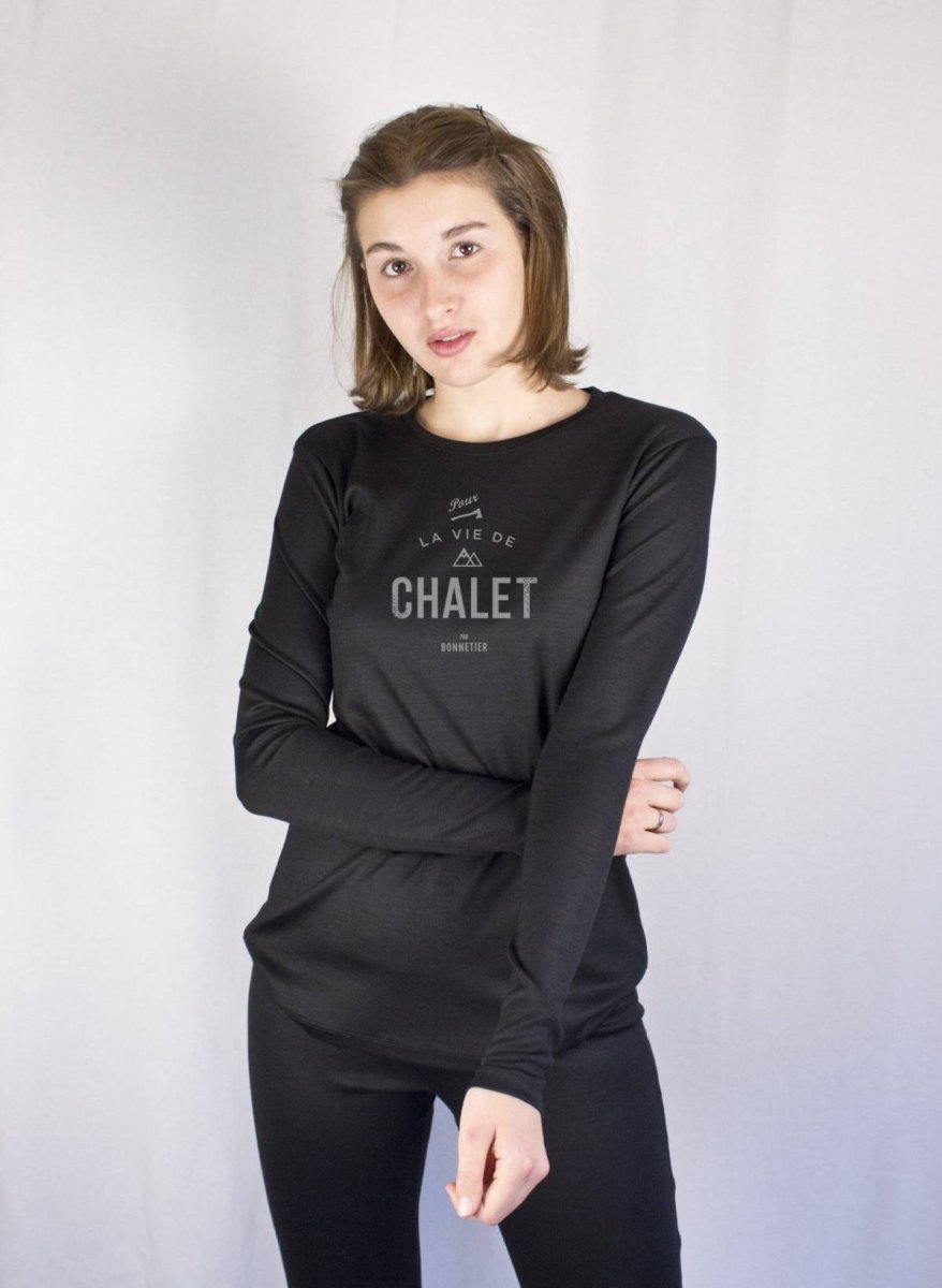 Chandail de mérinos noir pour femme "La vie de chalet""