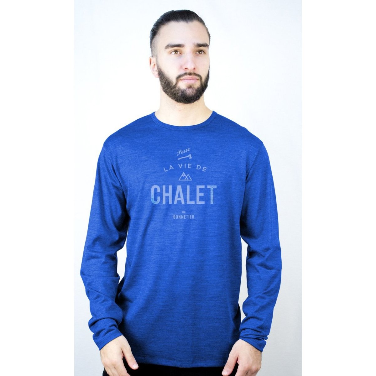 Chandail de mérinos bleu pour homme "La vie de chalet"