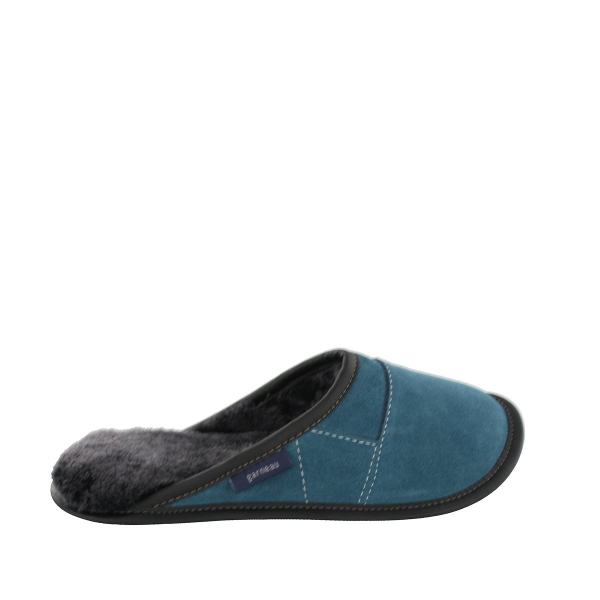 Pantoufle mouton noir et suède aqua pour femme de style mule