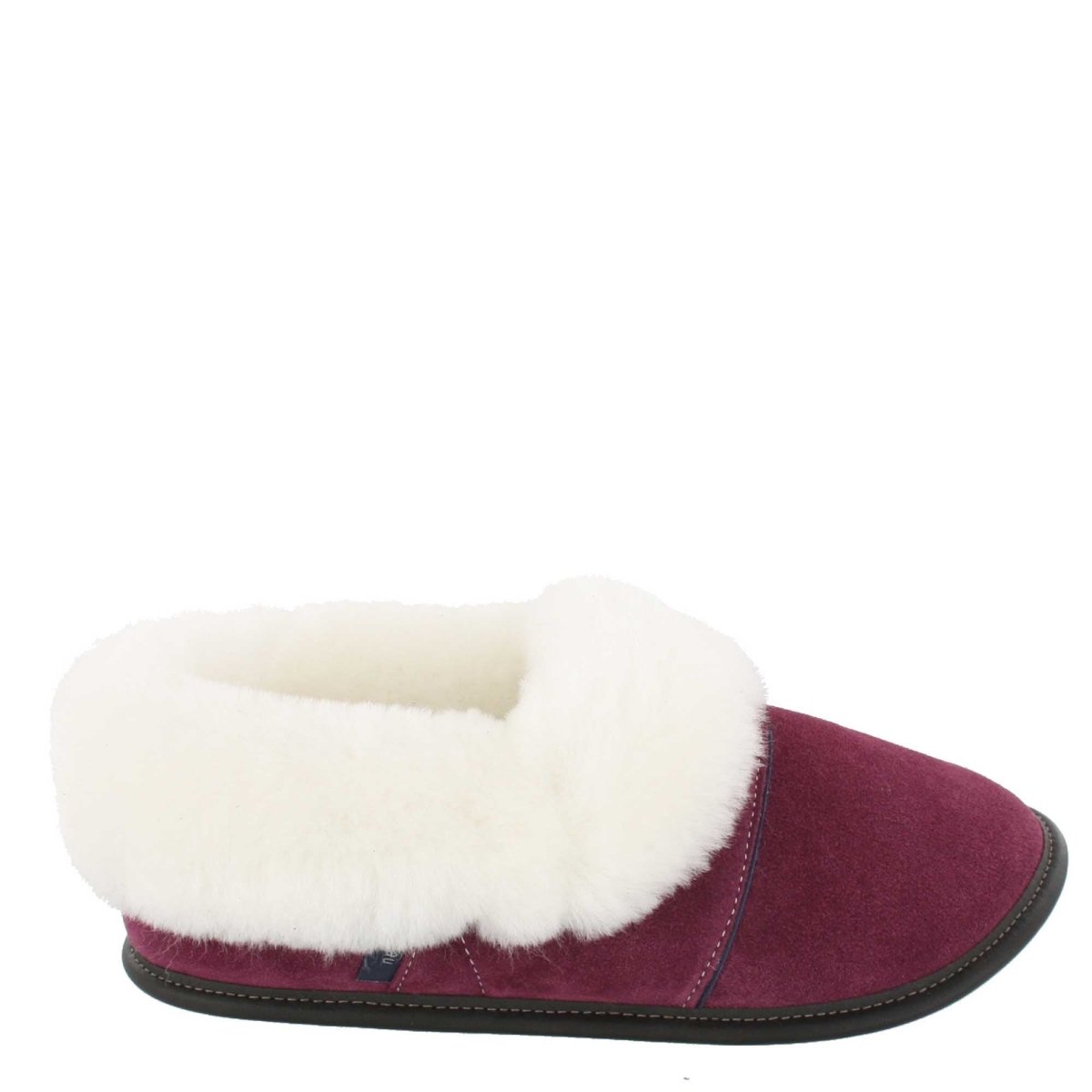 Pantoufle mouton naturel et suède prune pour femme de style la paresseuse avec semelle interchangeable. 