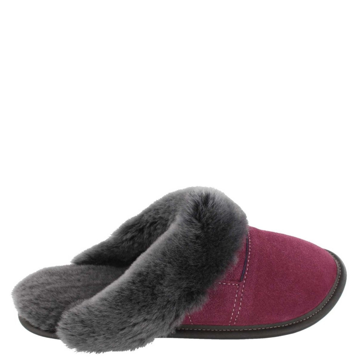Pantoufle mouton noir et suède prune pour femme de style tête de mule